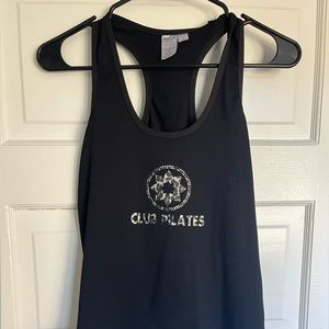 Club Pilates tank, black and white leopard print logo design